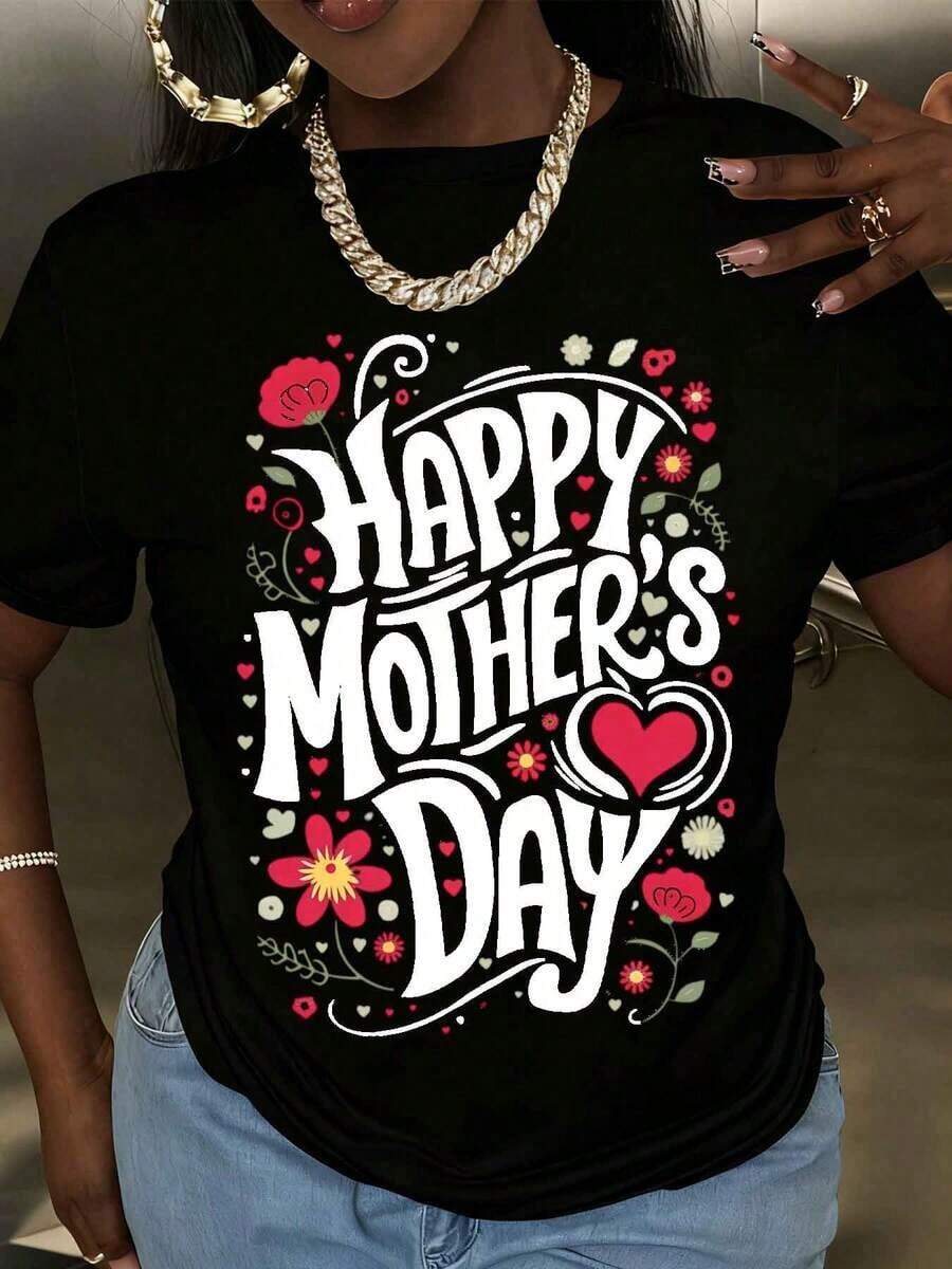 Camiseta Blanca Casual para Mujer con Estampado Floral de Corazones para el Día de la Madre, Moda Festiva, Cuello Redondo, Manga Corta, Suave y Cómoda, de Tela de Algodón Puro, para Regalos de Fiesta de Celebración del Día de la Madre. - Negro - Ver 1