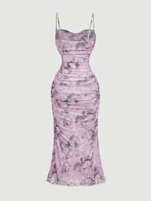 Vestido largo de verano con estampado floral rosa, en tela de malla fruncida.Vestidos de verano, ropa de primavera - Lila Púrpura - Ver 2