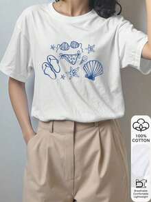 Blusa casual de mujer de 100% algodón de manga corta con estampados de bikini, chanclas y conchas, ropa de tela suave, camiseta gráfica, camiseta de verano, atuendo de vacaciones, ropa de viaje, estilo de playa, ropa de resort minimalista en color blanco - Multicolor - Ver 3