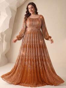 [Random Cut] Women's Square Neck Lantern Sleeve Waist Pleated Shiny Elegant Party Evening Dress Wedding Spring - Orange - View 1