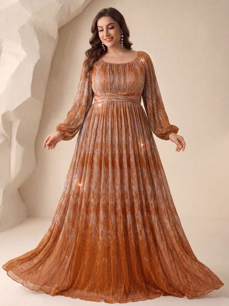 [Random Cut] Women's Square Neck Lantern Sleeve Waist Pleated Shiny Elegant Party Evening Dress Wedding Spring - Orange - View 1