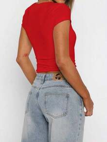 Blusa ajustada y sexy de punto para mujer , camiseta casual de cuello cuadrado de unicolor, primavera/verano - sello - Ver 2