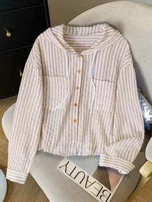 Camisa con capucha holgada con cordón de rayas azules y blancas para mujer, nueva para primavera/otoño - Caqui - Ver 7