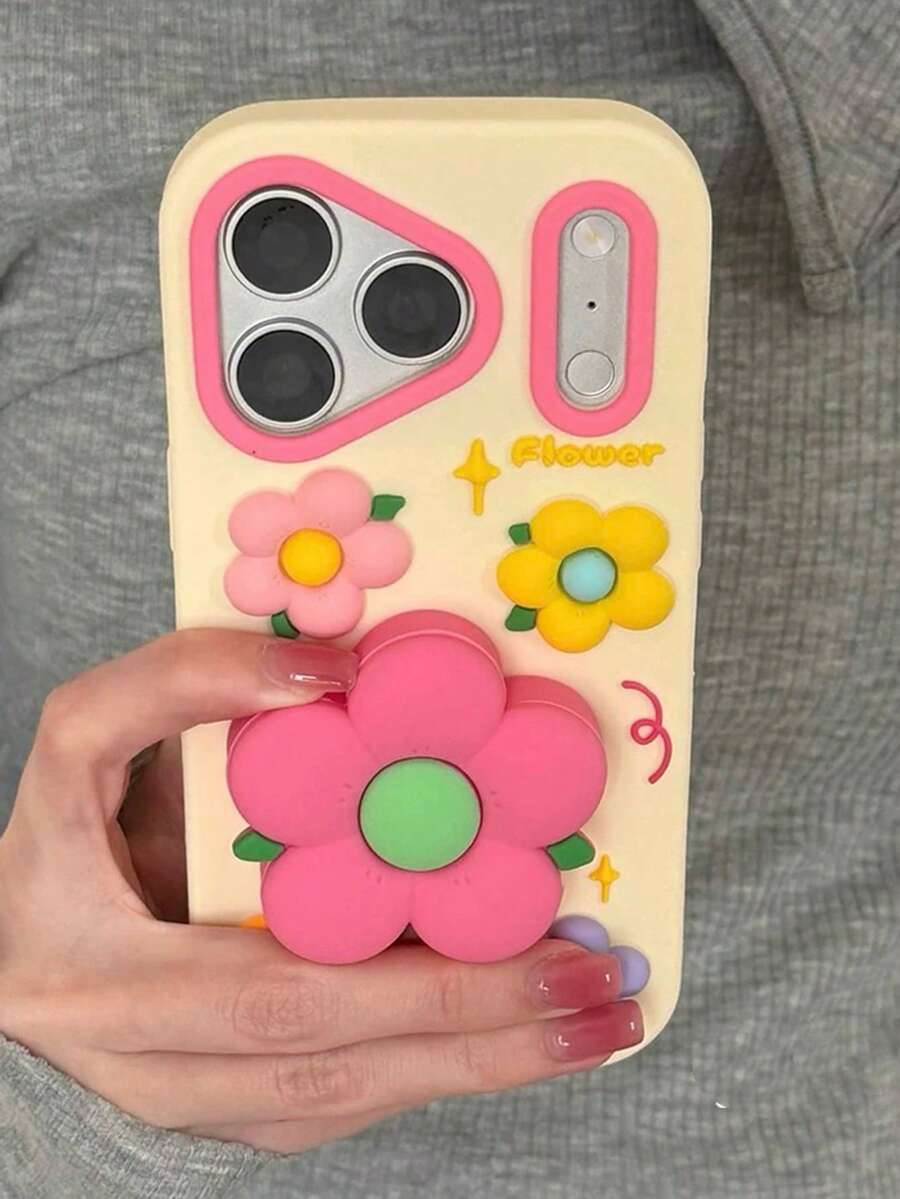 Funda de teléfono expandible con diseño floral 3D estilo coreano, cubierta protectora a prueba de golpes de cobertura completa para iPhone 17 Pro Max, 16, 15, diseño creativo personalizado - Rosa - Ver 1
