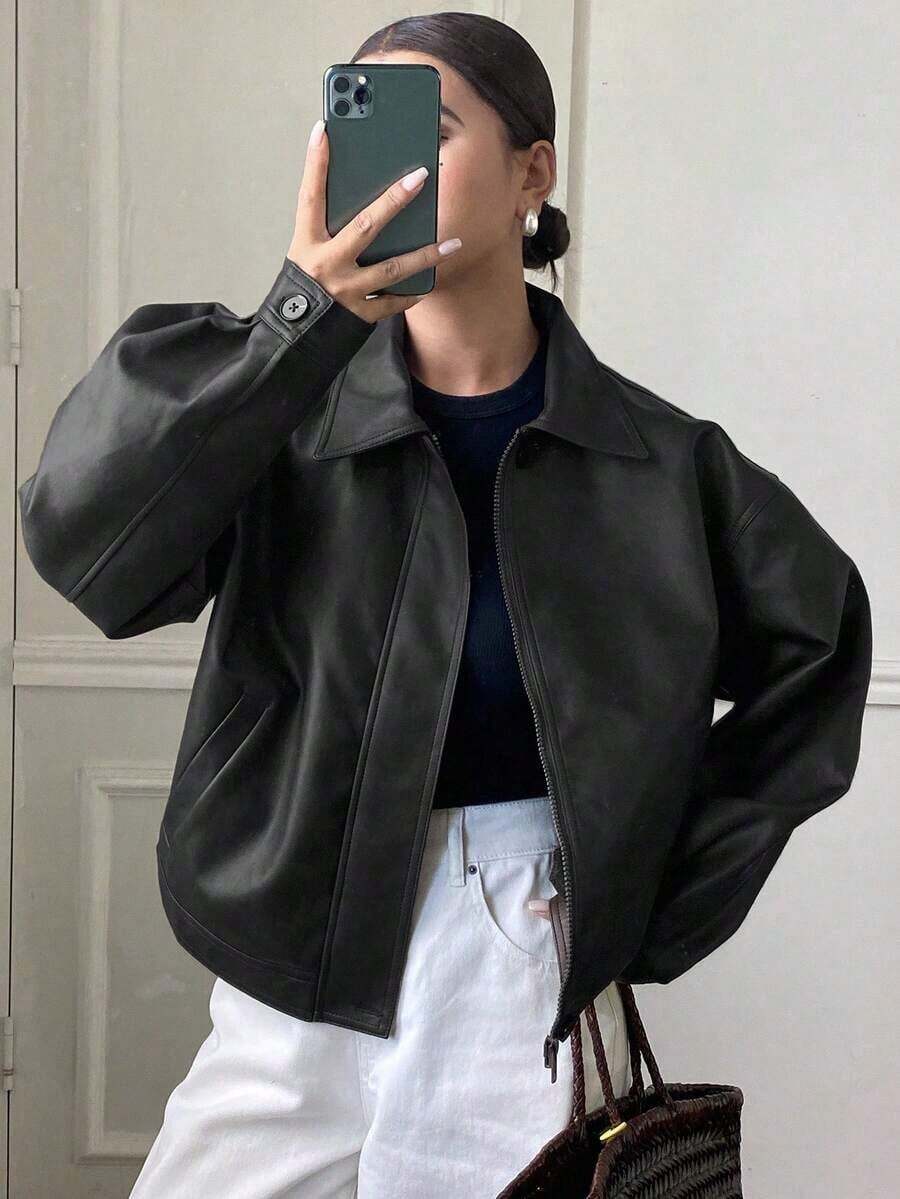 Chaqueta regular de mujer de PU gruesa, suelta y casual, nueva para otoño/invierno - Negro 3 - Ver 1