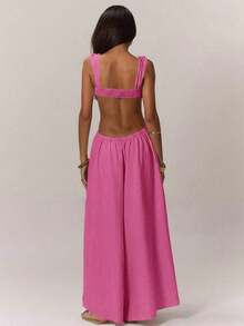 Mono con busto fruncido y pernera extra ancha para vacaciones de verano, estilo bohemio, para usar en bodas, citas, fiestas de primavera y eventos elegantes - Rosa - Ver 1