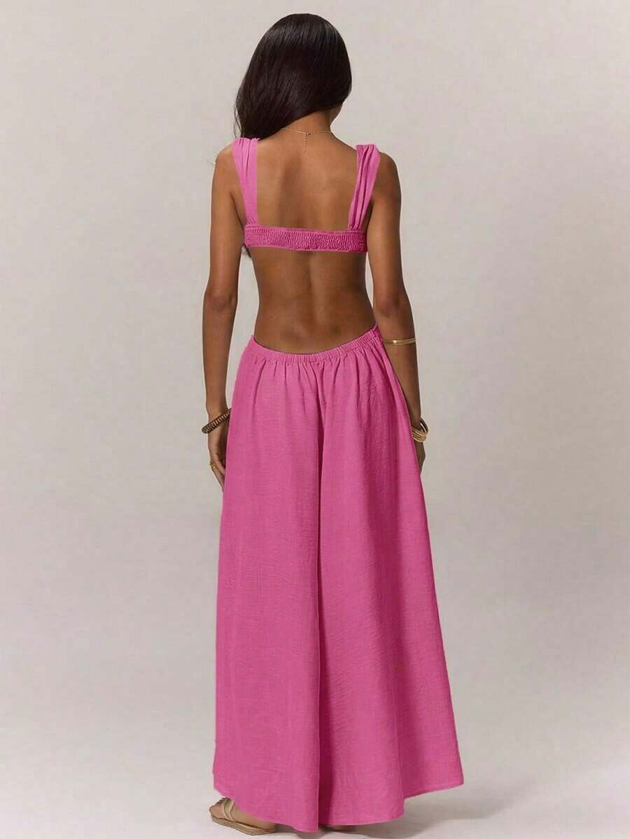 Mono con busto fruncido y pernera extra ancha para vacaciones de verano, estilo bohemio, para usar en bodas, citas, fiestas de primavera y eventos elegantes - Rosa - Ver 1