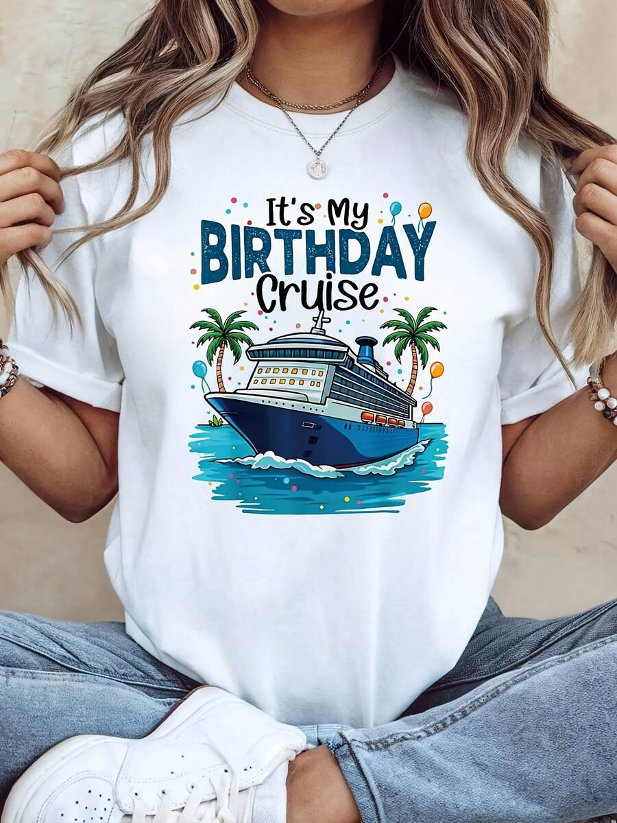 Camiseta de cumpleaños para mujer "It'S My BIRTHDAY Cruise", tema de crucero, decoración con eslogan de palmera, manga corta casual, color azul, cálida y alegre, conjunto para fiesta de cumpleaños de crucero - [Blanco] - Ver 1