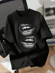 [Diseño Especial]Camiseta Casual para Mujer con Estampado de Punk y Labios - Negro - Ver 4