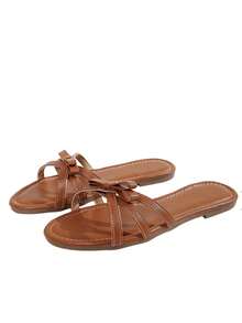 planare Sandal nữ mùa hè tối giản, họa tiết sọc, mũi tròn, đế bằng, màu nâu, thích hợp cho mặc hàng ngày, đi nghỉ mát, hẹn hò, đi biển. - màu nâu - Xem 9
