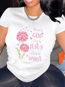 Camiseta de mujer, cómoda, cuello redondo, casual, mezcla de algodón, mangas cortas, suave, transpirable, parte superior, ropa de mujer, camiseta, verano, primavera, ropa de calle, tejido. - Blanco - Ver 6