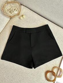 Pantalones cortos casuales de mujer de unicolor simple con bolsillo - Negro - Ver 6
