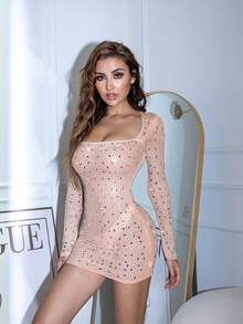 Vestido corto de malla transparente con escote cuadrado y strass brillante - Albaricoque - Ver 2