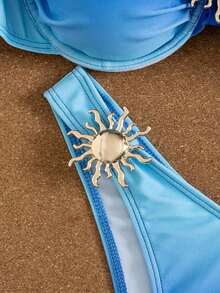 Conjunto de bikini de 3 piezas con lunares, diseño de tirantes anchos con aros proporciona un soporte cómodo, creando un look de playa de moda, perfecto para la playa de verano y fiestas en la piscina - Azul degradado - Ver 5