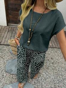 Set de 2 piezas con top de manga corta y pantalón de pierna ancha con estampado geométrico para mujer - Multicolor 2 - Ver 4