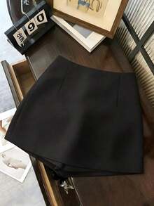 Pantalones cortos/falda/culotte/shorts de mujer de tela suave y texturizada de cintura alta con abertura, de estilo casual y versátil para ir y venir, primavera/otoño - Negro - Ver 2