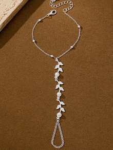 1pc Fashionable Minimalist Pearl Inlaid Leaf Chain Bracelet For Women, Size Priority, Not Quantity Of Pearls - Silver - View 3