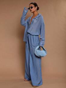 Damen Lässiges Blaues 2-Teiliges Set, bestehend aus Hemd mit Knopfkragen und weiter, strukturierter Hose, Loose Fit, für einen modischen Herbstlook - Blau - Übersicht 7