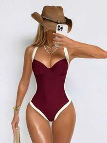 de baño de una pieza con control de abdomen, con abertura lateral, push-up y efecto estilizante, en marrón y beige para mujer - Burdeos - Ver 9