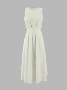Vestido de algodón sin mangas de longitud media color caqui para mujer - Elegante, minimalista, elegante, adecuado para el transporte diario en verano - Albaricoque - Ver 2