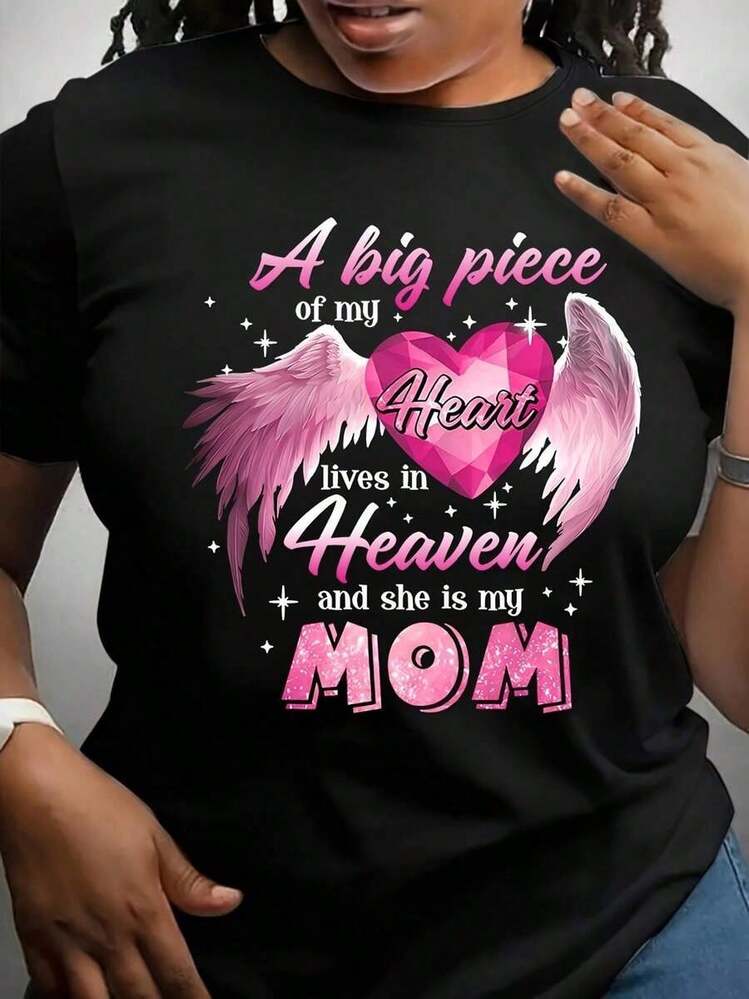 Women's Short Sleeve T-Shirt 1 Piece Cotton "A Large Piece Of My Heart Lives In Paradise And She Is My Mom Pink Angel Wings Heart Casual Design Top For Mother's Day Women's Casual And Elegant Short Sleeve Printed Shirt/T-Shirt Breathable Suitable For Outdoor Sports, Everyday Wear, Birthday Gifts, Christmas Gifts, Halloween Gifts, Or As A Memorial Shirt For Friends Or Loved One. Also Suitable As A Pullover T-Shirt Fast Delivery For Summer - 黑色 - 查看 1