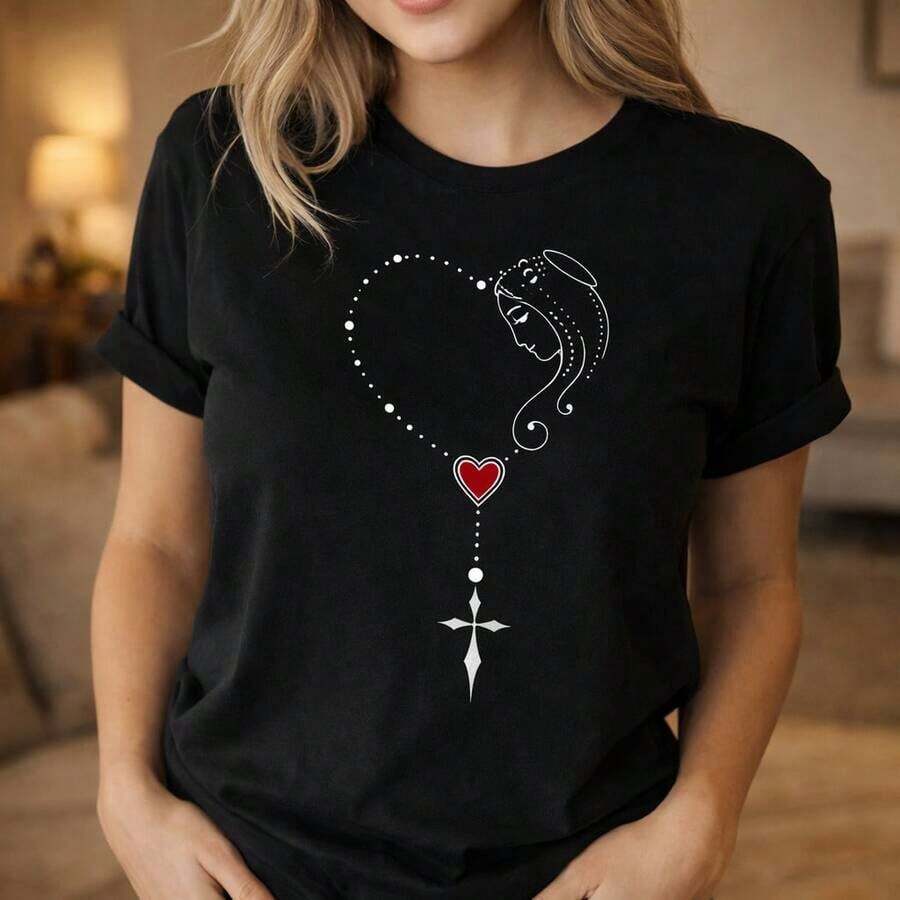 Camiseta Unisex de Algodón Puro para Mujer con Diseño Religioso del Rosario del Corazón de la Virgen María, Camiseta Espiritual Cristiana Negra para Hombres y Mujeres, ¡! Camiseta estampada de manga corta, casual y elegante para mujer. - Negro - Ver 1
