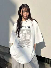 Camiseta casual holgada de verano para mujer con estampado de eslogan, cuello redondo y mangas caídas, RETRO SCENERY ALONG THE WAY HAPPY TIME IN 1990, camiseta oversized, camisetas gráficas - Estilo vintage urbano, unisex, de algodón, manga corta, cuello redondo, ropa deportiva estilo Y2K, cuello redondo, 100% algodón, tejido suave, manga corta. 1 camiseta - Blanco - Ver 8