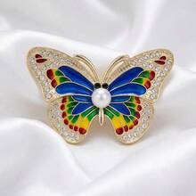 Elegant Colorful Butterfly Brooch, Rhinestone & Faux Pearl Enamel Brooch, Vintage Golden Color Accessory For Coat & Dress - Multicolor - View 5