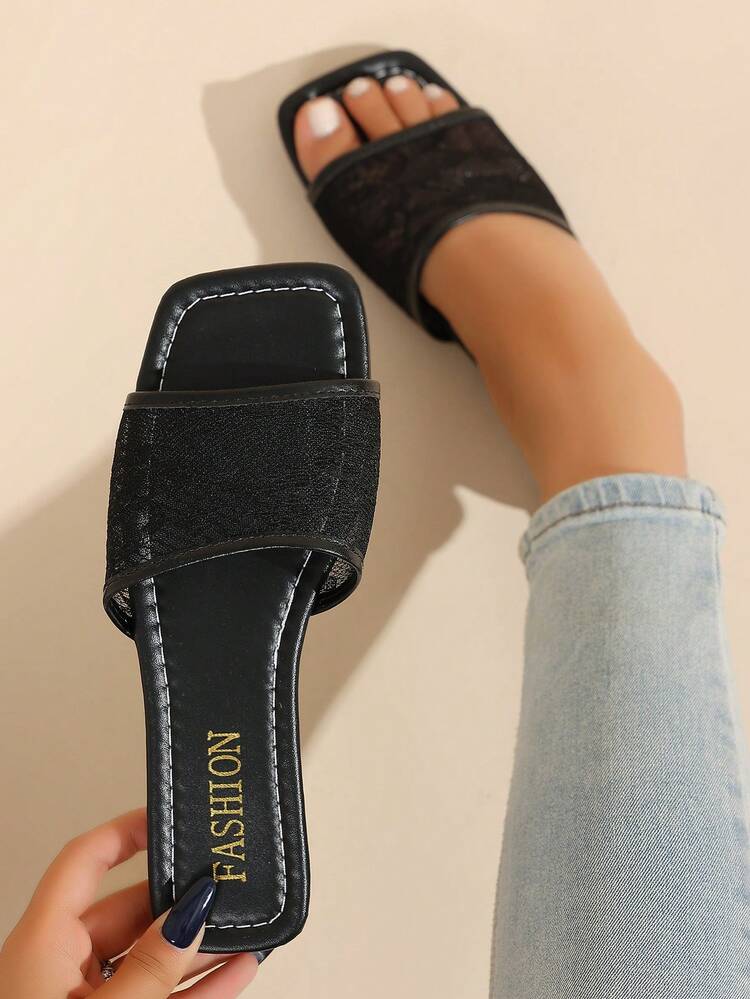 planare Nuevas sandalias planas elegantes de verano con punta cuadrada, de malla de encaje bordado, en color negro, adecuadas para el uso diario, citas, vacaciones y otros atuendos de viaje (combinadas con patrones irregulares) - Negro - Añade 5