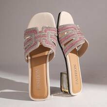 Women's Gold Foil Luxury Style Rhinestone Criss-Cross Strap Slide Sandals, Party Spring/Summer Square Toe Electroplated Low Heel Slip-On Open Toe Shiny Slip-On Slippers - Pink - View 14