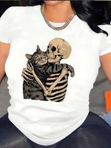 Camiseta de manga corta casual, cómoda y versátil para mujer con estampado de calavera y gato, adecuada para el hogar y el exterior 1 Sexy Casual Fiesta Dulce Elegante Alta elasticidad Playa Noche de fiesta Vacaciones Boda Deportivo Calle Sesión de fotos Formal y de noche Luna de bebe verano HalloweenPure-Cotton - Blanco - Ver 9