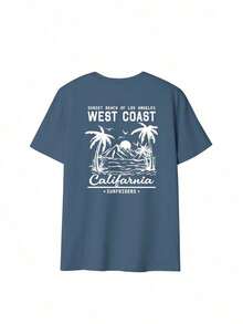 Women's Short-Sleeved T-Shirt With A Round Neck, Casual Summer Style, Palm Tree Print And Slogan, Simple And Versatile, Suitable For Everyday Wear. Printed T-Shirt, Women's Tops, Vacation - 灰藍色 - 查看 3