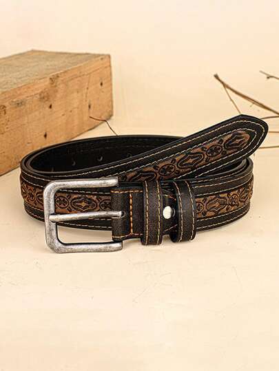 New Fashion Vintage Men's Embossed PU Belt With Metal Needle Buckle,For Men Women, Perfect For Casual, Street Style,Sporty, Or Work Looks, Ideal With Jeans And Trousers