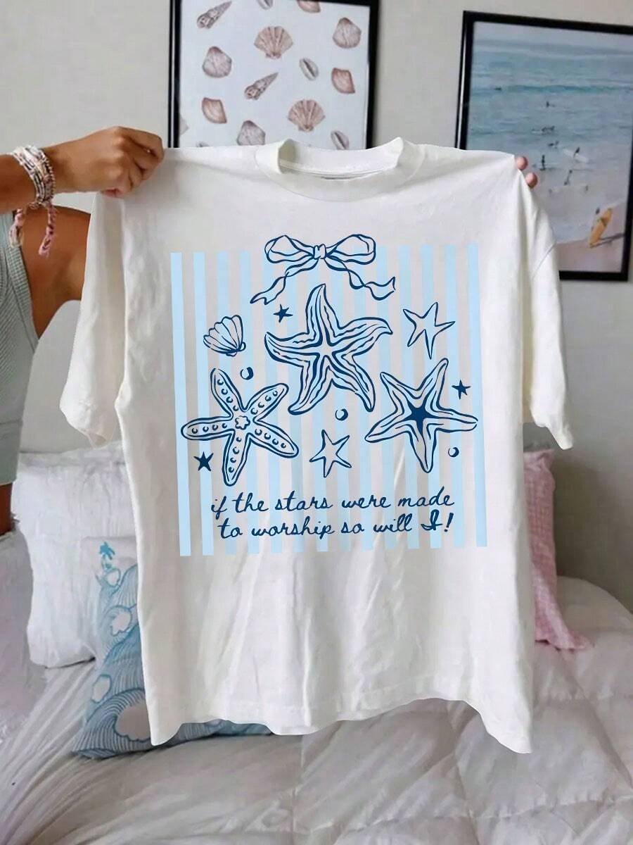 Áo thun nữ tay ngắn cổ tròn in hình sinh vật biển mùa hè, cỡ lớn, phù hợp mặc hàng ngày. - trắng - Xem 1