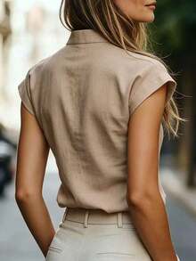 Blusa de manga corta con cuello en pico y color liso, de estilo casual y minimalista para el verano - Marrón - Ver 2