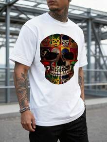 Alternative Style Men's Short Sleeve T-Shirt With Skull Print Formed By Multiple Colorful Lucha Libre Masks, Creative And Vibrant Design, Loose Fit, Ideal For Urban Art And Mexican Culture Lovers, 220 G 100% Cotton, Soft, Breathable And Long-Lasting, Artistic - 白色 - 查看 2
