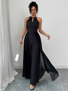 Mono elegante de mujer con cuello en V, cintura ajustable, sin mangas, de gasa con parches, y bajo translúcido - Negro - Ver 3