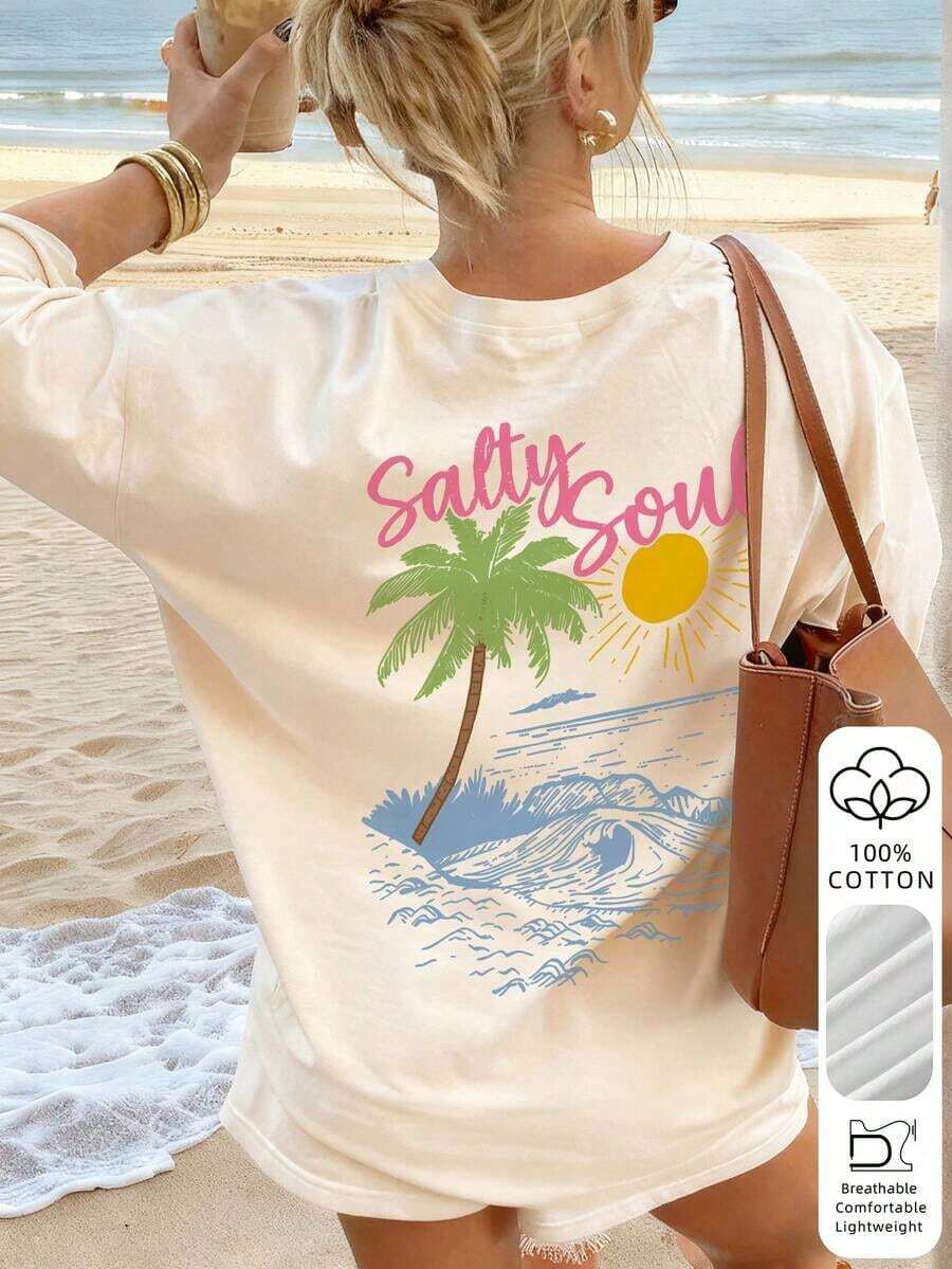 SALTY SOUL Women's Short Sleeve Crew Neck T-Shirt With Tree And Sun Print, Casual Style, Perfect For Beach Vacations, Spring/Summer, Fashionable, Your Essential Item For Everyday Vacation Wear. Women's Graphic Vacation T-Shirt - 杏色 - 查看 1