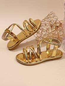Children's Elastic Ankle Strap Flat Sandals, Open Toe Gladiator Style Summer Casual Sandals Suitable For Girls - Gold - View 4