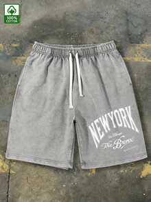 Men's Vintage Bronx New York Print Shorts - Loose Fit Washed Cotton Streetwear, Adjustable Elastic Waistband, Bronx Print Casual Sports Shorts, Machine Washable Urban Outfit - Vintage Street Style Unisex Loose Cotton Short Sleeve Crew Neck T-Shirt - 深 - 查看 1