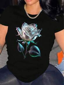 Women's T-Shirt, Comfortable Round Neck, Casual Mix, Short Sleeve, Soft And Breathable Top, Women's Clothing, T-Shirt For Summer And Spring, Urban Style Fabric. - 黑色 - 查看 6