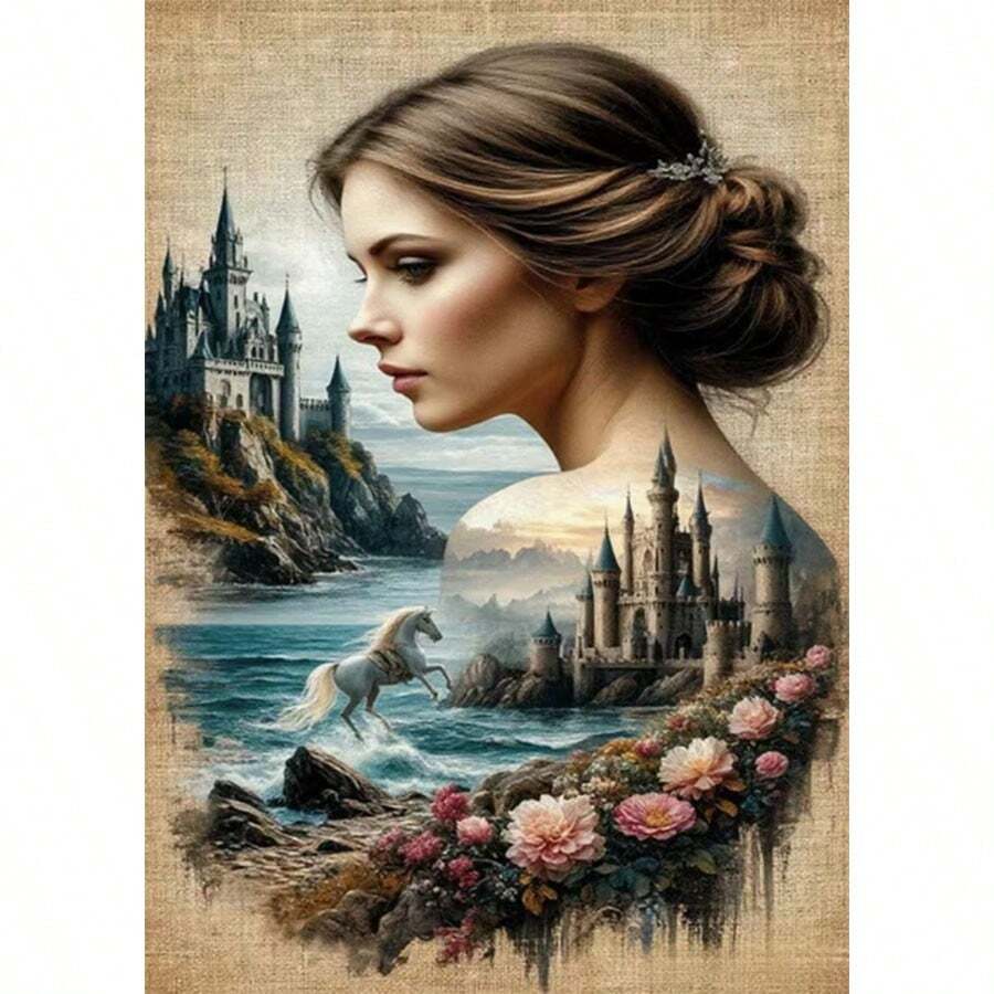 5D DIY钻石画套装 - 城堡与淑女，亚克力钻石艺术马赛克工艺品，客厅、卧室家居装饰，理想礼物，无框