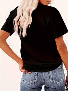 OversizeCamiseta deportiva casual para mujer, estampada con un diseño creativo y divertido de bicicleta con electrocardiograma, cuello redondo, mangas cortas, cómoda para el verano, ideal para vacaciones, linda. - Negro - Ver 4