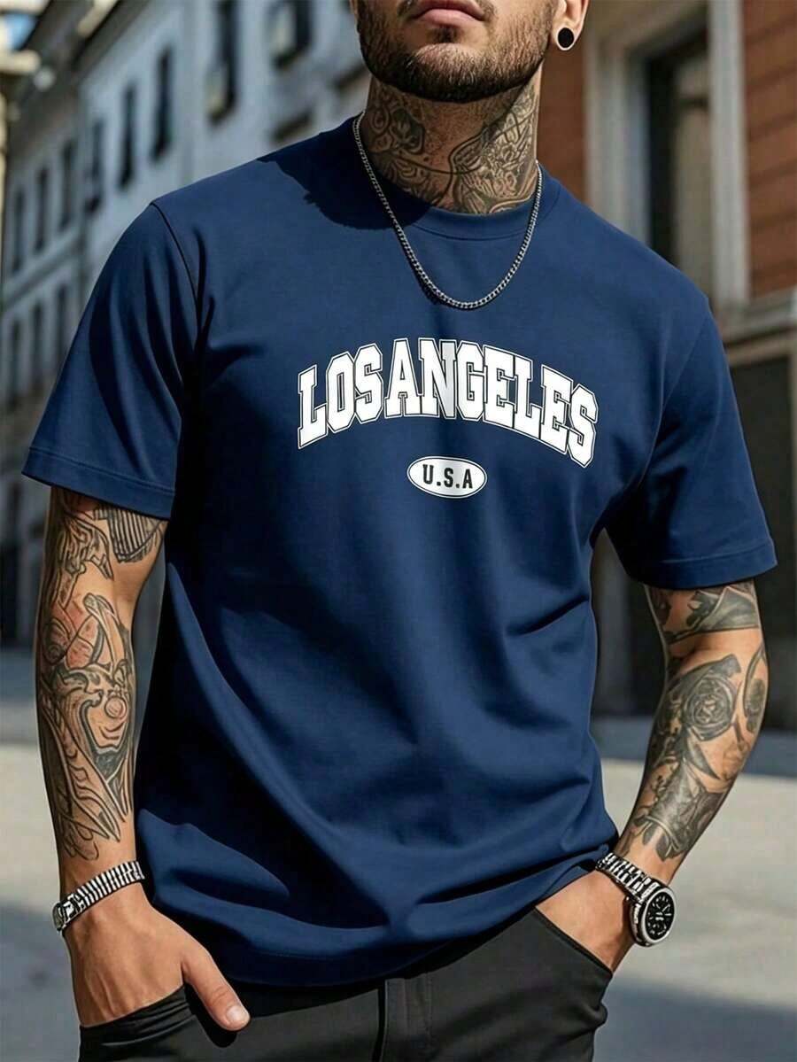 Men's 100% Cotton Crew Neck T-Shirt, Casual Short Sleeve T-Shirt With "LOS ANGELES U.S.A." Letter Print, Slim Fit In Black, Breathable Fabric For Everyday Use, American Vintage Style. - 藍色 - 查看 1