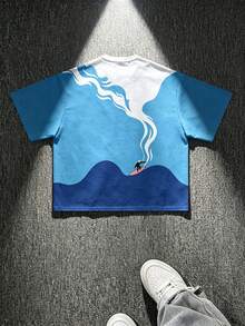 Men's Casual Loose Fit Surfing Wave Pattern Round Neck Short Sleeve T-Shirt, Summer Beach Holiday - Blue - View 2