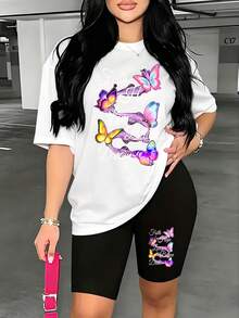 Women's Casual Two-Piece Set - Inspirational Style "Faith, Hope, Love" Printed T-Shirt + High-Waisted Cycling Pants Set. This Casual Round-Neck Short-Sleeved Top And Sports Shorts Set Is A Summer-Style Outfit, Consisting Of A T-Shirt And Shorts. It Is Made Of Soft And Comfortable Fabric And Is Suitable For Exercise, Outdoor Activities, Parties, Daily Life, Casual Home Life, Etc. - 白色+黑色 - 查看 1