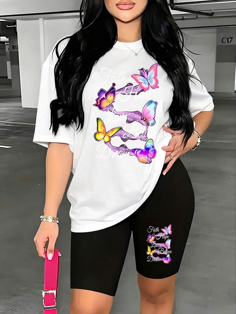 Women's Casual Two-Piece Set - Inspirational Style "Faith, Hope, Love" Printed T-Shirt + High-Waisted Cycling Pants Set. This Casual Round-Neck Short-Sleeved Top And Sports Shorts Set Is A Summer-Style Outfit, Consisting Of A T-Shirt And Shorts. It Is Made Of Soft And Comfortable Fabric And Is Suitable For Exercise, Outdoor Activities, Parties, Daily Life, Casual Home Life, Etc. - 白色+黑色 - 查看 1