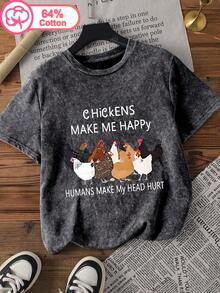 Áo thun nữ cỡ lớn chất liệu cotton, kiểu dáng thường ngày, màu bạc phai, cổ tròn, tay ngắn, phong cách mùa hè đa năng, in hình đàn gà con. - màu đen - Xem 2