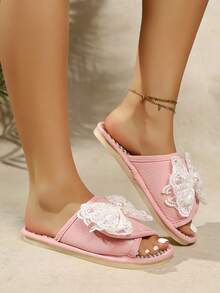 French Pearl Lace Bow Slippers, Women's Hook And Loop Soft Bottom Non-Slip House Slides - Pink - View 5