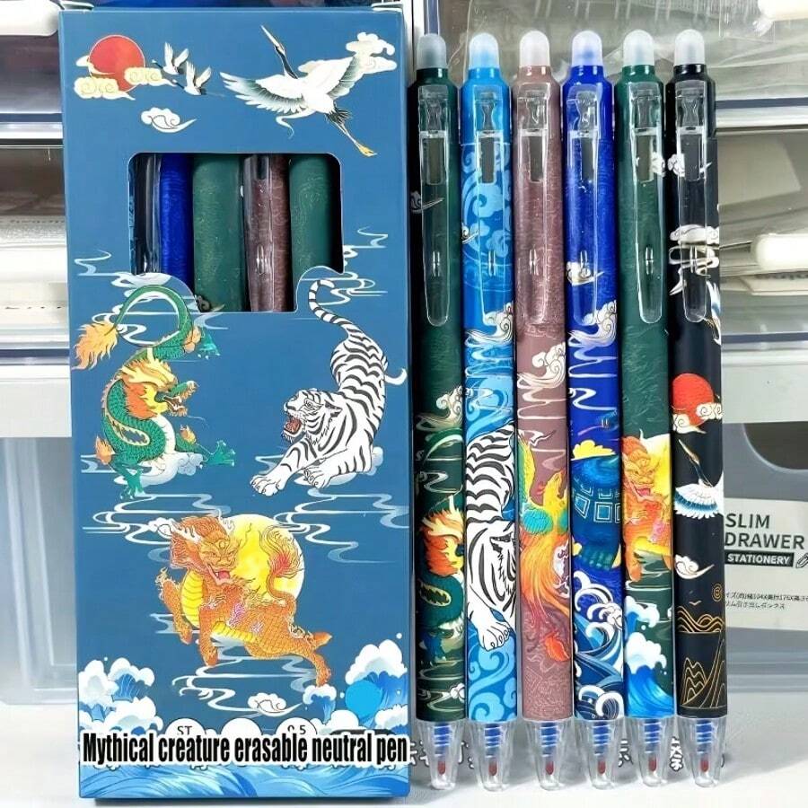 14pcs/Set Erasable Chinese Mythology Element Neutral Pens, 0.5mm Tip, Black & Blue Ink, Smooth Writing & Quick Drying, Suitable For Students & Office Use - Multicolor - View 1